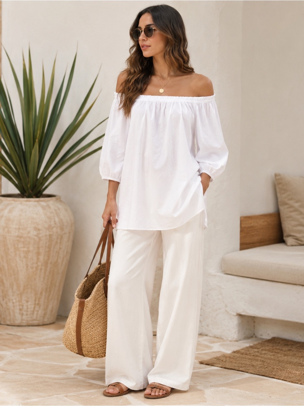 Sara Campbell White Off Shoulder Boat Neck Tunic Blouse Medium